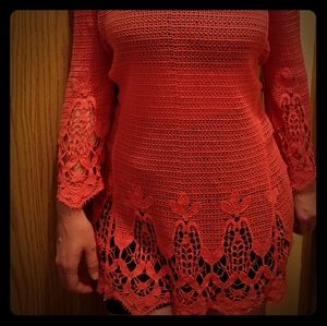 Coral/Pink crochet over shirt/dress